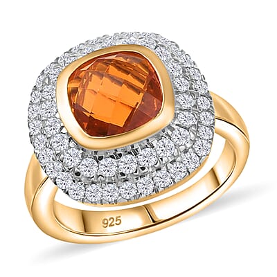 Crimson Fire Opal and Moissanite 2.64 ctw Ring in 18K Vermeil Yellow Gold Over Sterling Silver (Size 8.0)