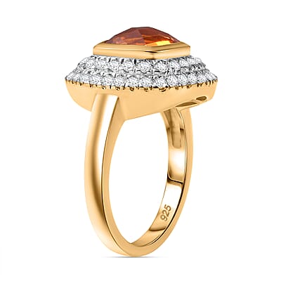 Crimson Fire Opal and Moissanite 2.64 ctw Ring in 18K Vermeil Yellow Gold Over Sterling Silver (Size 8.0)