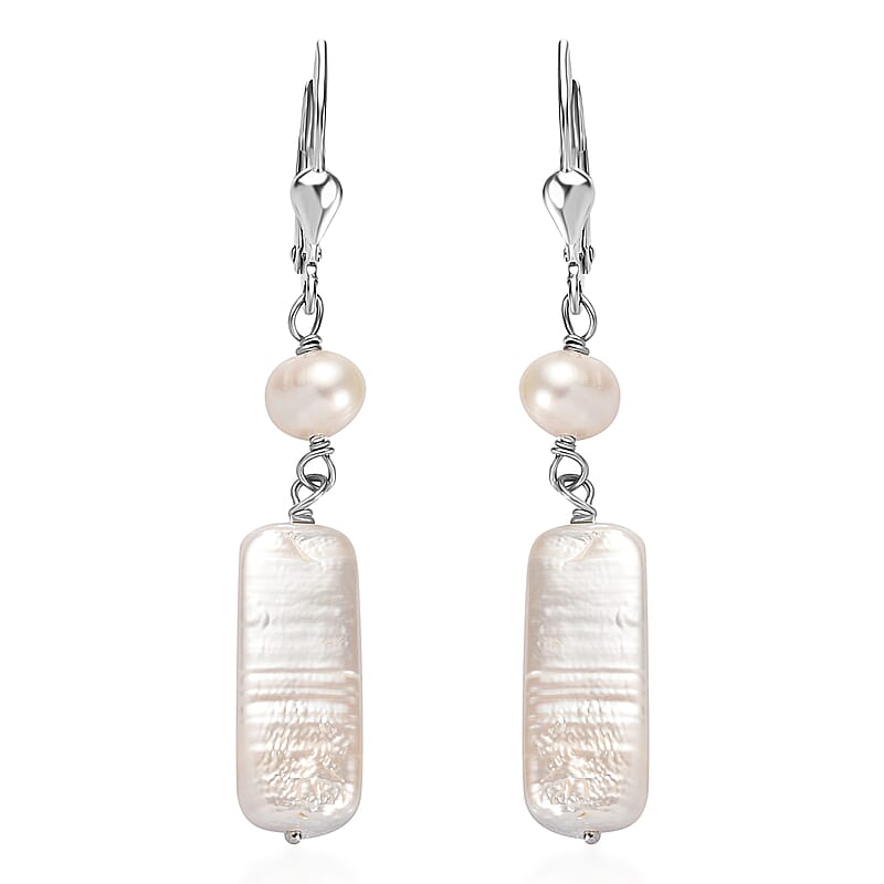 White Freshwater Pearl Dangle Earrings in Rhodium Over Sterling Silver