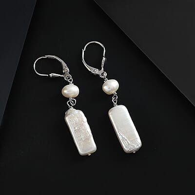 White Freshwater Pearl Dangle Earrings in Rhodium Over Sterling Silver