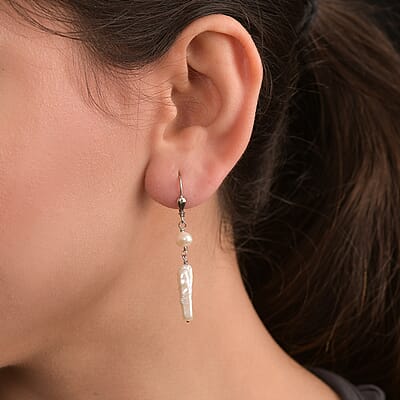 White Freshwater Pearl Dangle Earrings in Rhodium Over Sterling Silver