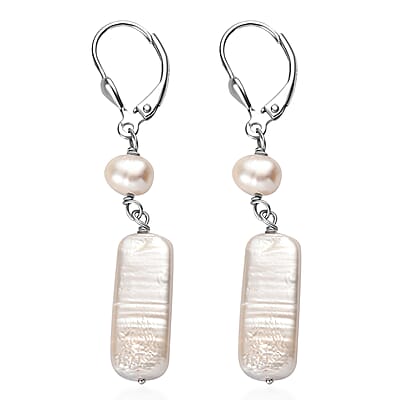 White Freshwater Pearl Dangle Earrings in Rhodium Over Sterling Silver