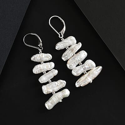 White Freshwater Pearl Fancy Earrings in Rhodium Over Sterling Silver