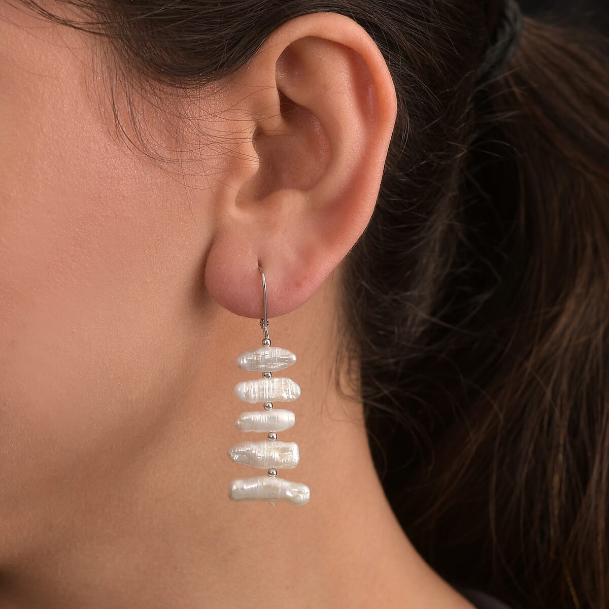 White Freshwater Pearl Fancy Earrings in Rhodium Over Sterling Silver image number 2