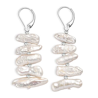 White Freshwater Pearl Fancy Earrings in Rhodium Over Sterling Silver