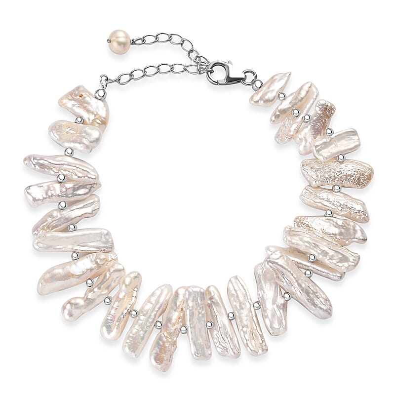 White Keshi Pearl Bracelet in Rhodium Over Sterling Silver (7.25 In)