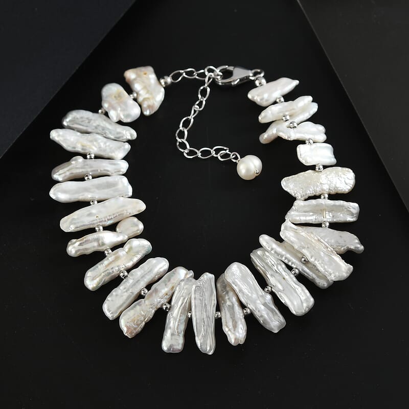 White Keshi Pearl Bracelet in Rhodium Over Sterling Silver (7.25 In)