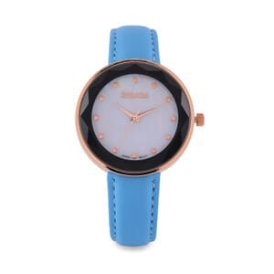 Strada Japanese Movement  Simulated MOP Carved Dial Watch With Light Blue Faux Leather (39.8mm)