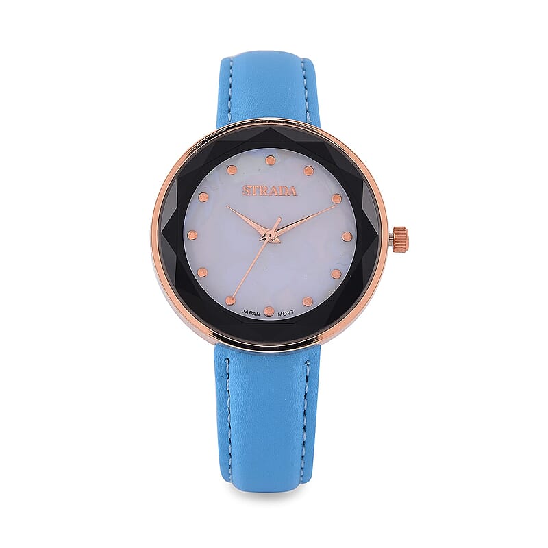 Strada Japanese Movement  Simulated MOP Carved Dial Watch With Light Blue Faux Leather (39.8mm)