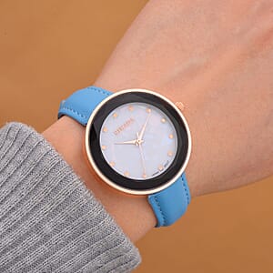 Strada Japanese Movement  Simulated MOP Carved Dial Watch With Light Blue Faux Leather (39.8mm)