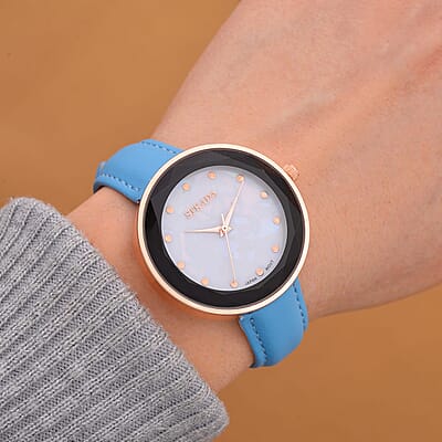Strada Japanese Movement  Simulated MOP Carved Dial Watch With Light Blue Faux Leather (39.8mm)