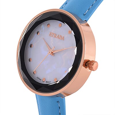 Strada Japanese Movement  Simulated MOP Carved Dial Watch With Light Blue Faux Leather (39.8mm)