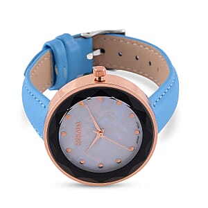 Strada Japanese Movement  Simulated MOP Carved Dial Watch With Light Blue Faux Leather (39.8mm)