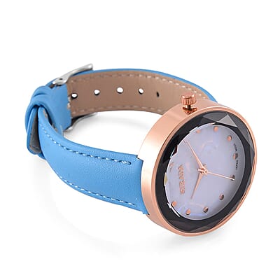 Strada Japanese Movement  Simulated MOP Carved Dial Watch With Light Blue Faux Leather (39.8mm)
