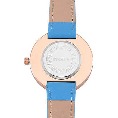 Strada Japanese Movement  Simulated MOP Carved Dial Watch With Light Blue Faux Leather (39.8mm)