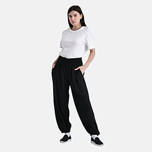 Tamsy Black Knit Smocked Waist Haram Pants with Elastic Ankles - One Size Fits Most