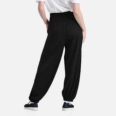 Tamsy Black Knit Smocked Waist Haram Pants with Elastic Ankles - One Size Fits Most