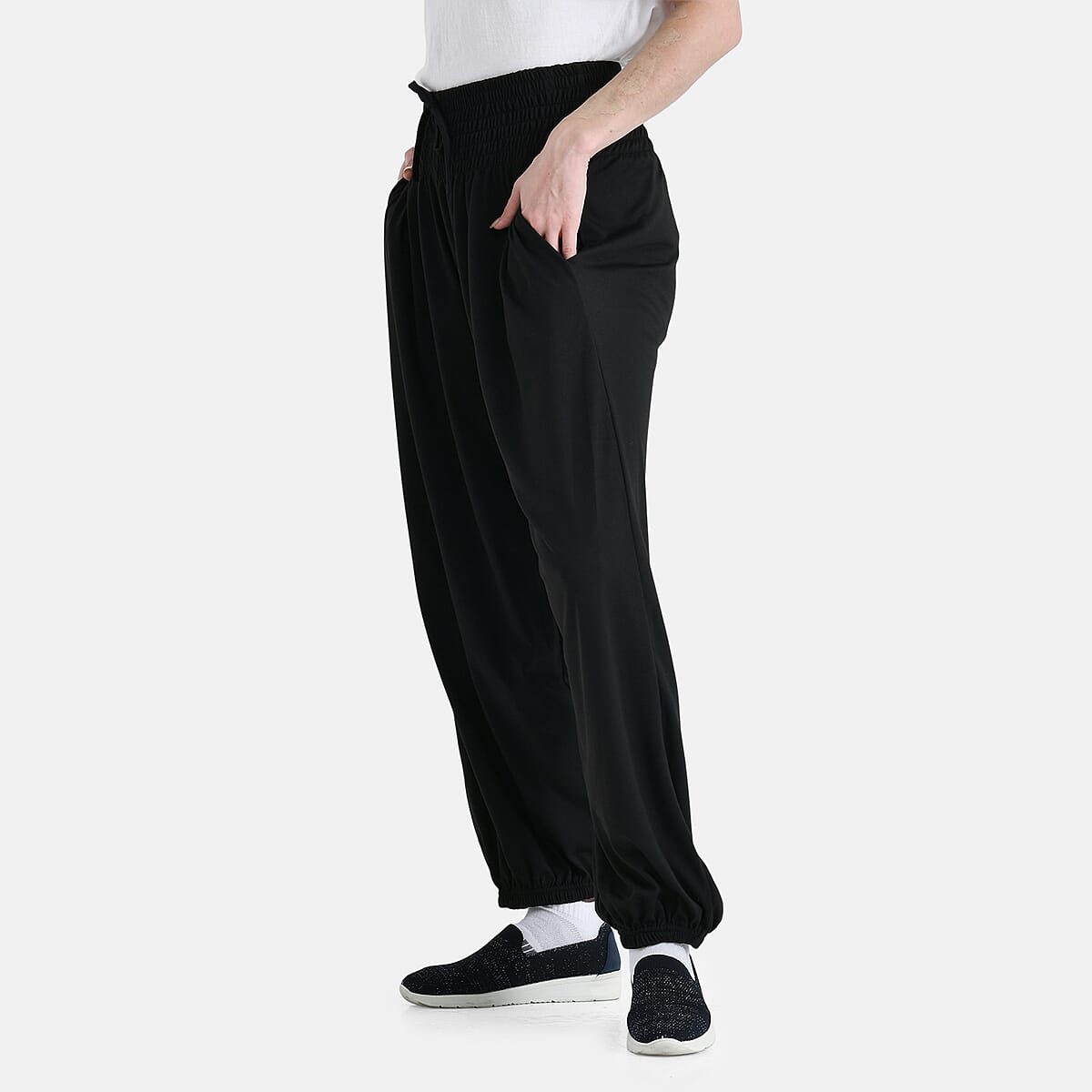 Black Knit Wear Smocked Waist Pant with Elastic Ankles - One Size Fits Most image number 2