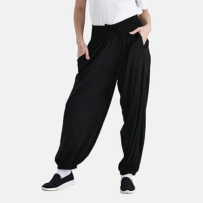 Tamsy Black Knit Smocked Waist Haram Pants with Elastic Ankles - One Size Fits Most