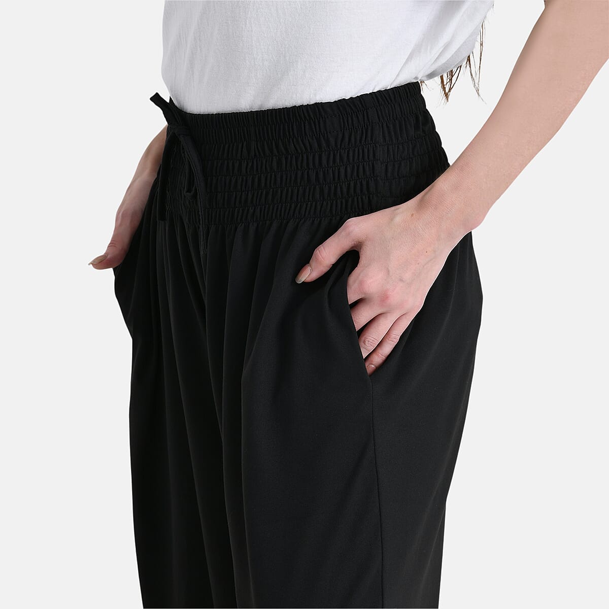 Black Knit Wear Smocked Waist Pant with Elastic Ankles - One Size Fits Most image number 4