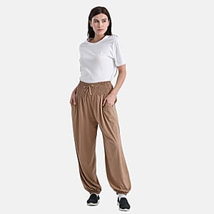 Tamsy Taupe Knit Smocked Waist Haram Pants with Elastic Ankles - One Size Fits Most