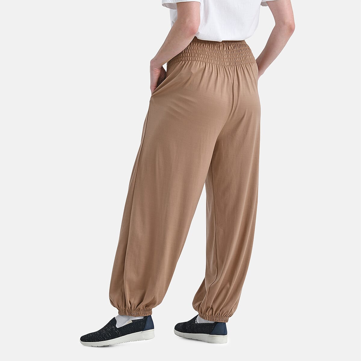 Tamsy Taupe Knit Smocked Waist Haram Pants with Elastic Ankles - One Size Fits Most image number 1