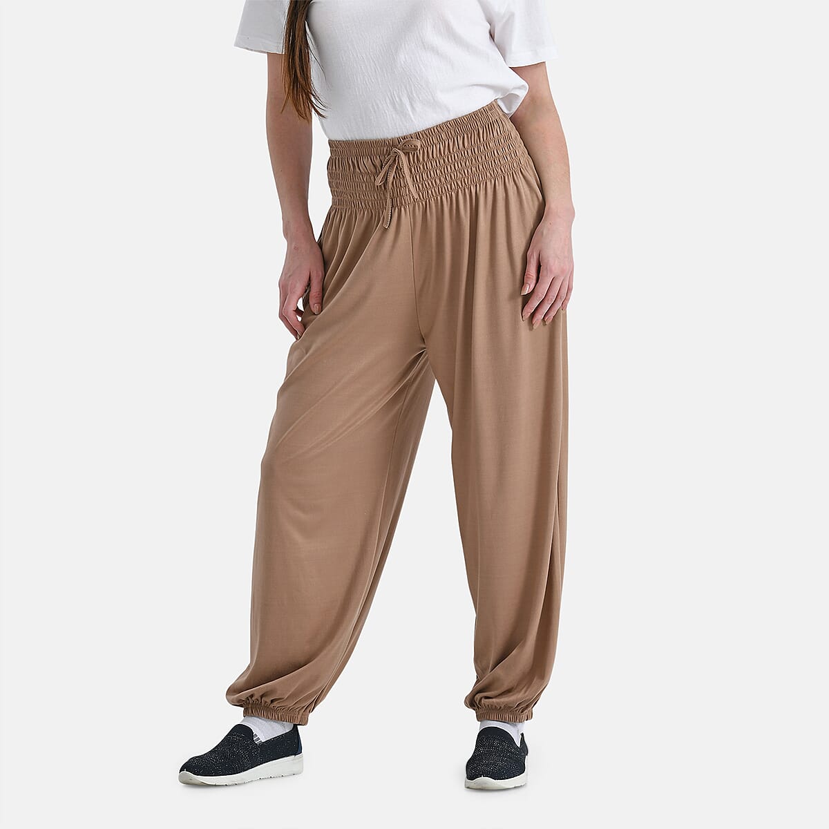 Tamsy Taupe Knit Smocked Waist Haram Pants with Elastic Ankles - One Size Fits Most image number 2