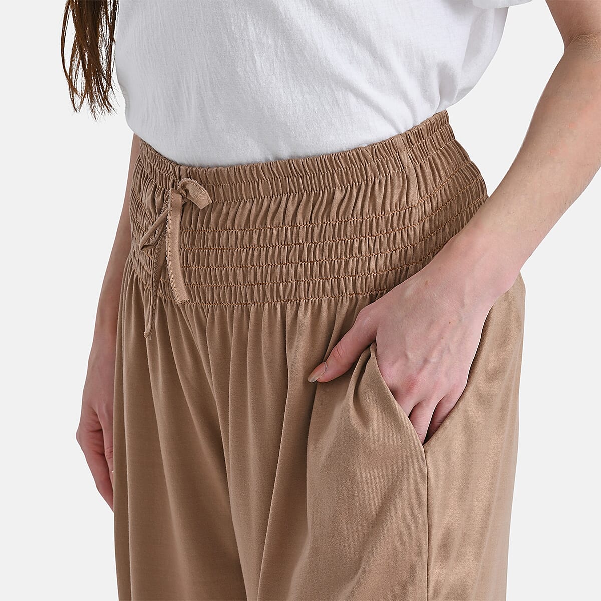 Tamsy Taupe Knit Smocked Waist Haram Pants with Elastic Ankles - One Size Fits Most image number 4
