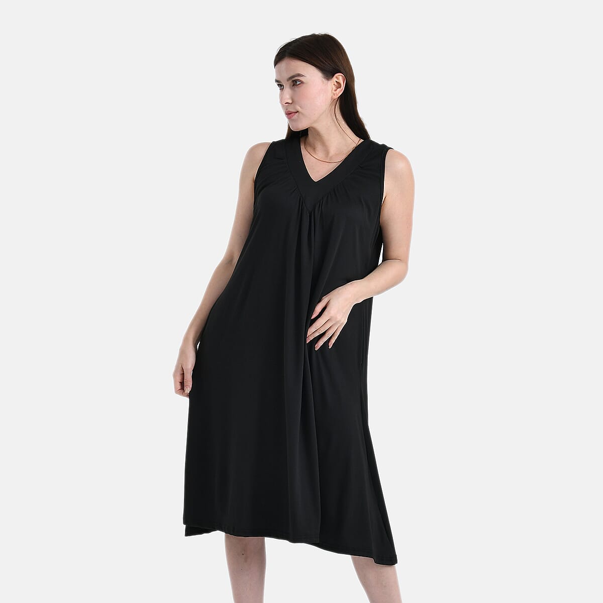 Black Polyester Sleeveless Midi Lounge Dress - One Size Fits Most image number 0