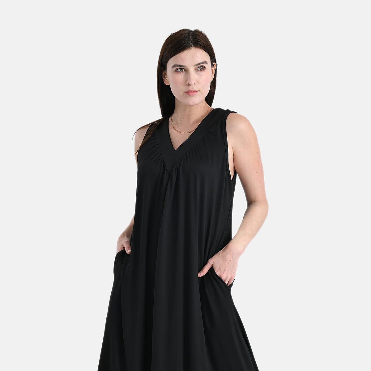 Black Polyester Sleeveless Midi Lounge Dress - One Size Fits Most image number 4