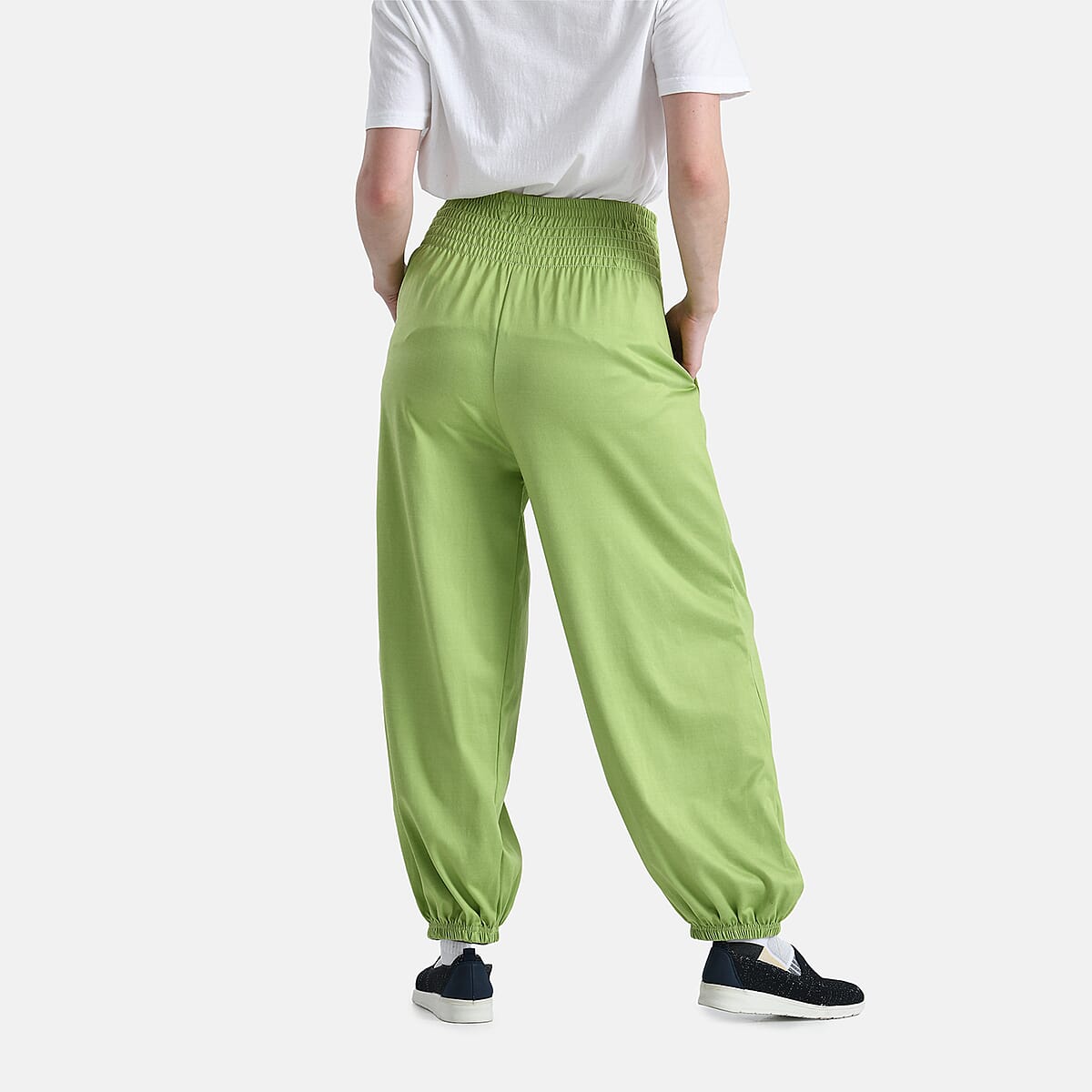 Tamsy Lime Knit Smocked Waist Haram Pants with Elastic Ankles - One Size Fits Most image number 1