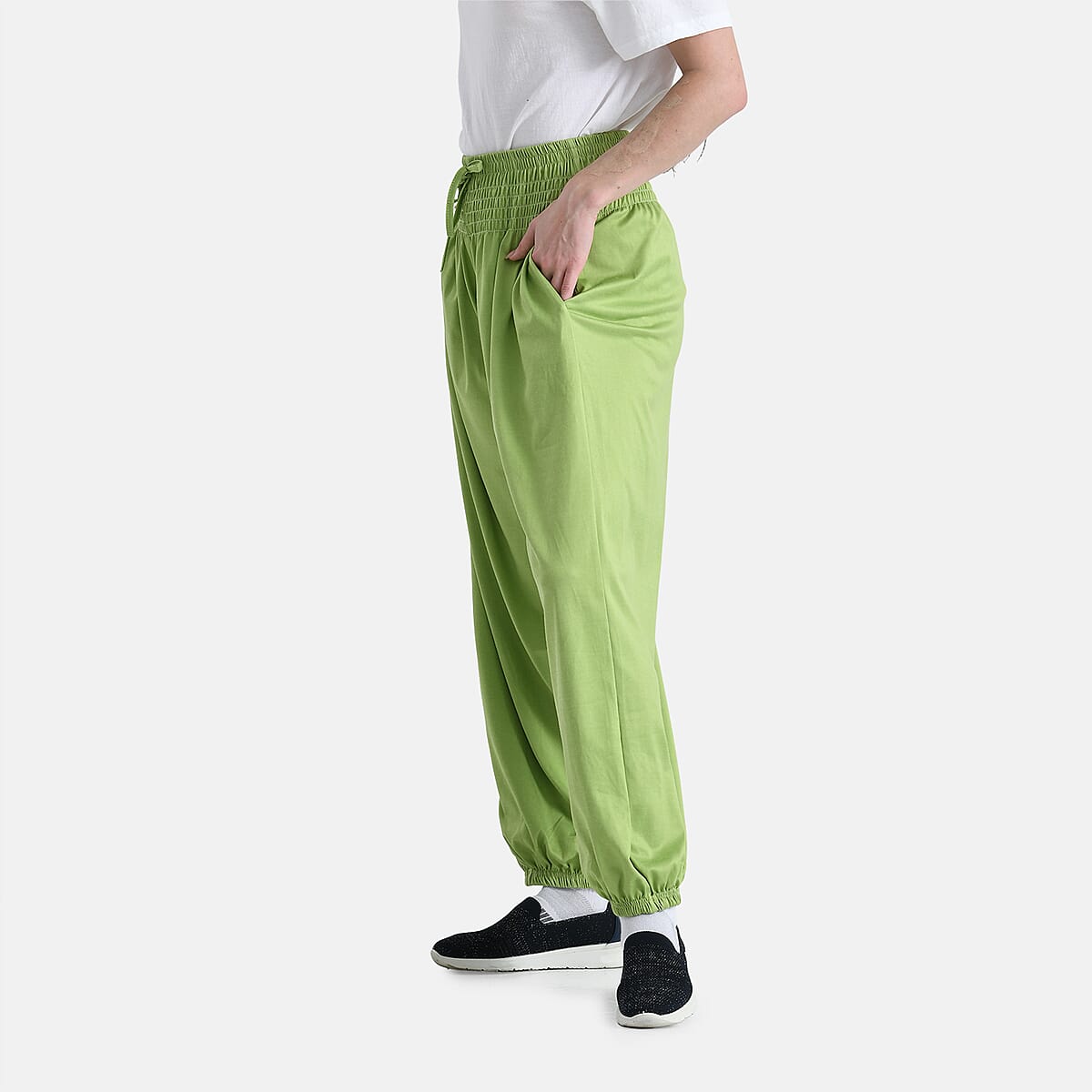Tamsy Lime Knit Smocked Waist Haram Pants with Elastic Ankles - One Size Fits Most image number 2