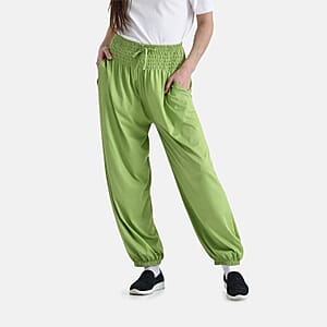 Tamsy Lime Knit Smocked Waist Haram Pants with Elastic Ankles - One Size Fits Most
