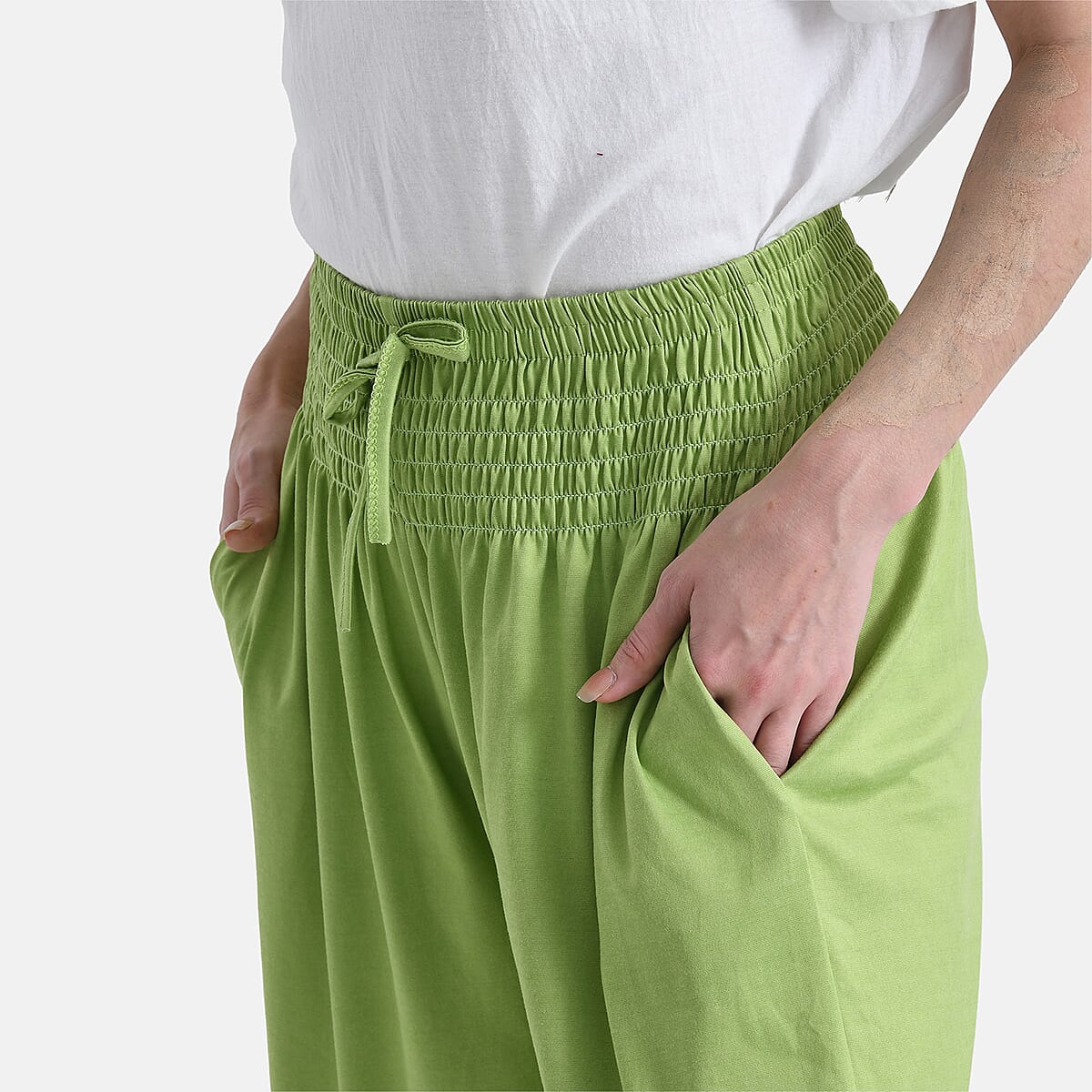 Tamsy Lime Knit Smocked Waist Haram Pants with Elastic Ankles - One Size Fits Most image number 4