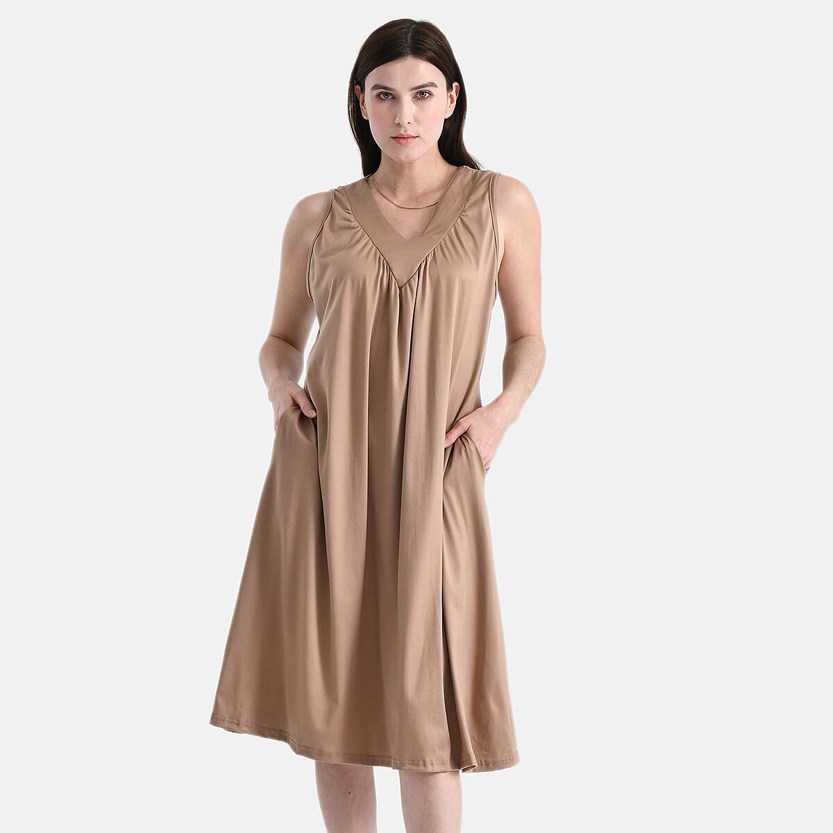 TAMSY Taupe Knit Sleeveless Midi House Dress - One Size Fits Most image number 3
