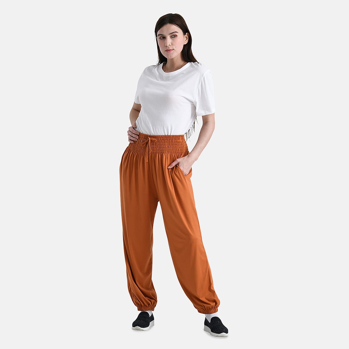 Tamsy Cinnamon Knit Smocked Waist Haram Pants with Elastic Ankles - One Size Fits Most image number 0