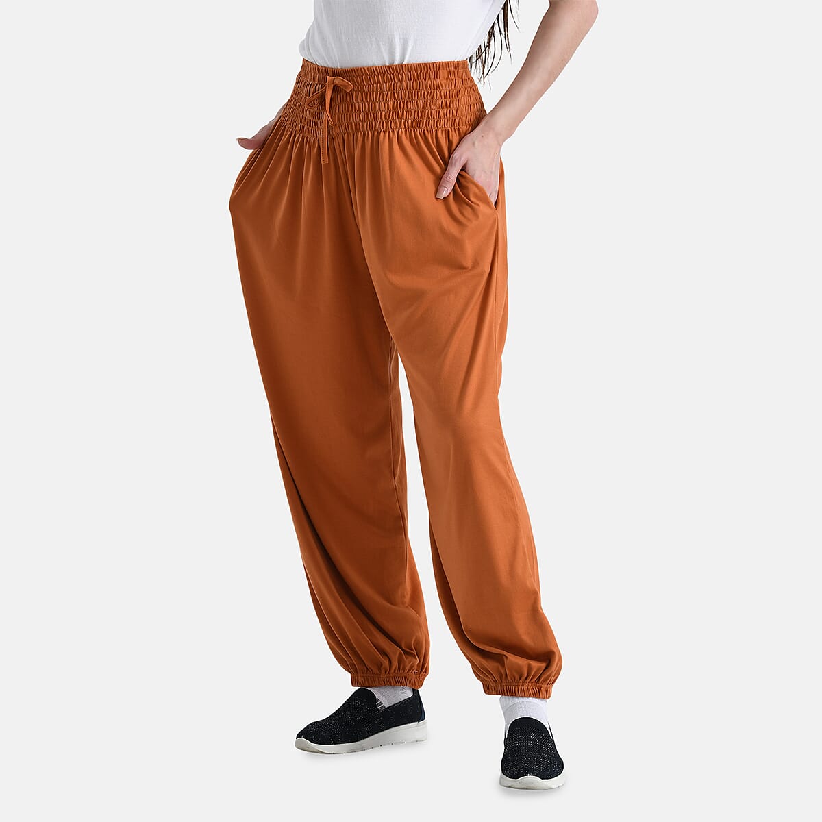 Tamsy Cinnamon Knit Smocked Waist Haram Pants with Elastic Ankles - One Size Fits Most image number 3