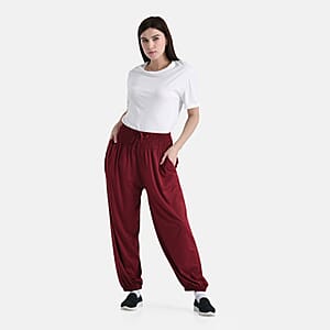 Tamsy Wine Knit Smocked Waist Haram Pants with Elastic Ankles - One Size Fits Most
