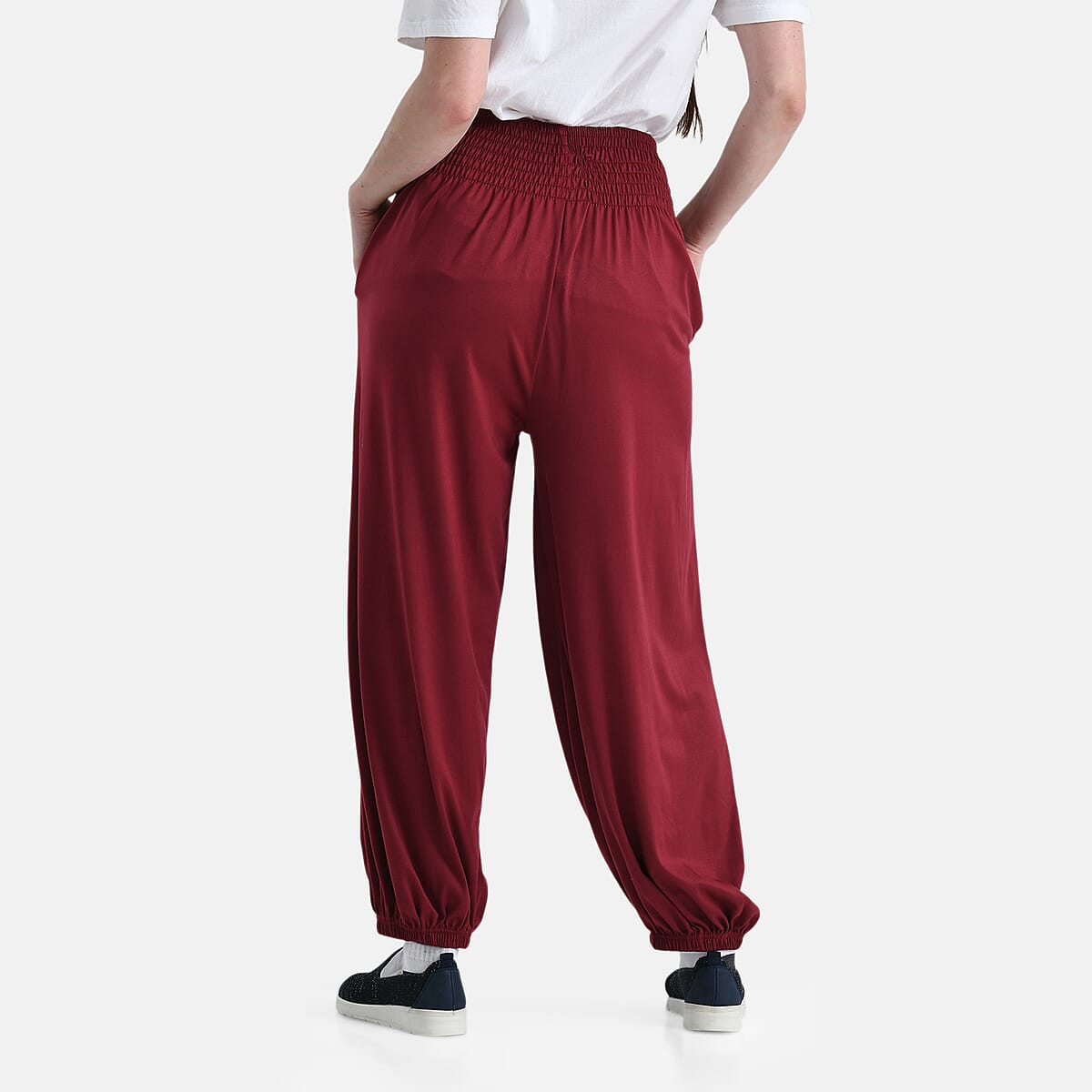 Tamsy Wine Knit Smocked Waist Haram Pants with Elastic Ankles - One Size Fits Most image number 1