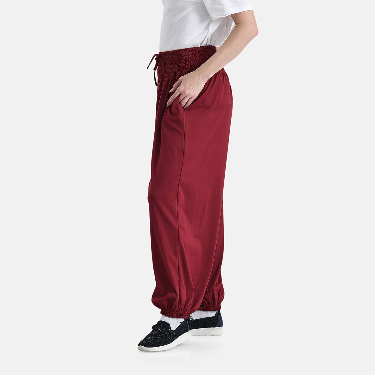 Tamsy Wine Knit Smocked Waist Haram Pants with Elastic Ankles - One Size Fits Most image number 2