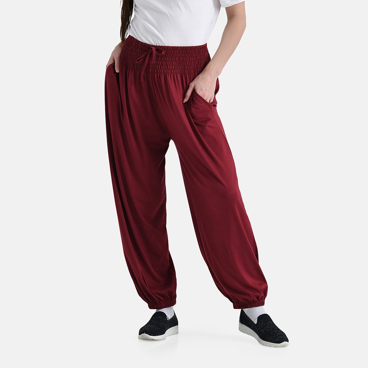 Tamsy Wine Knit Smocked Waist Haram Pants with Elastic Ankles - One Size Fits Most image number 3