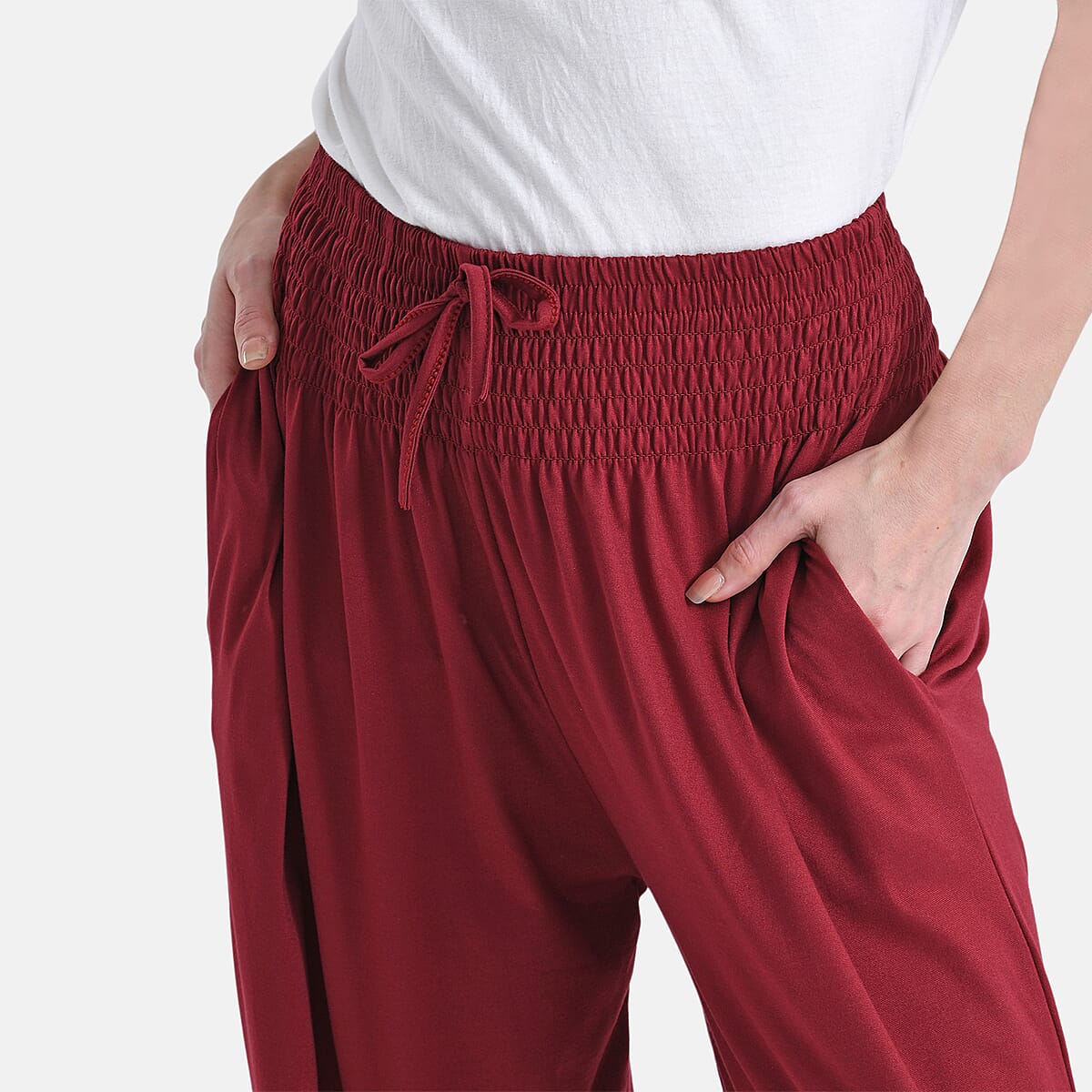 Tamsy Wine Knit Smocked Waist Haram Pants with Elastic Ankles - One Size Fits Most image number 4