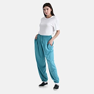 Tamsy Tuquoise Knit Smocked Waist Haram Pants with Elastic Ankles - One Size Fits Most