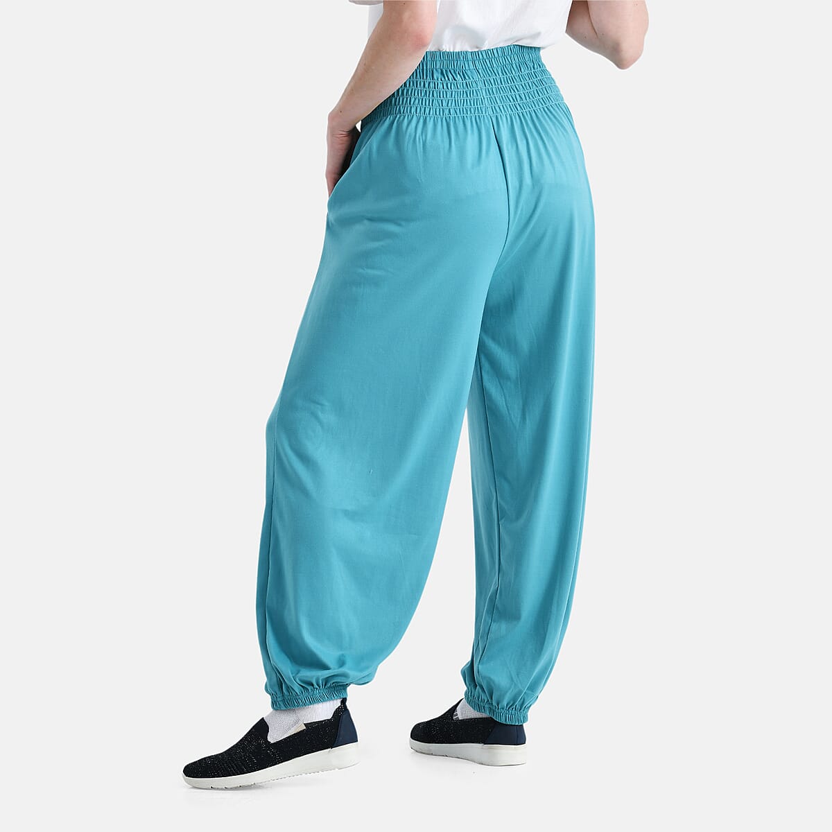 Tamsy Tuquoise Knit Smocked Waist Haram Pants with Elastic Ankles - One Size Fits Most image number 1
