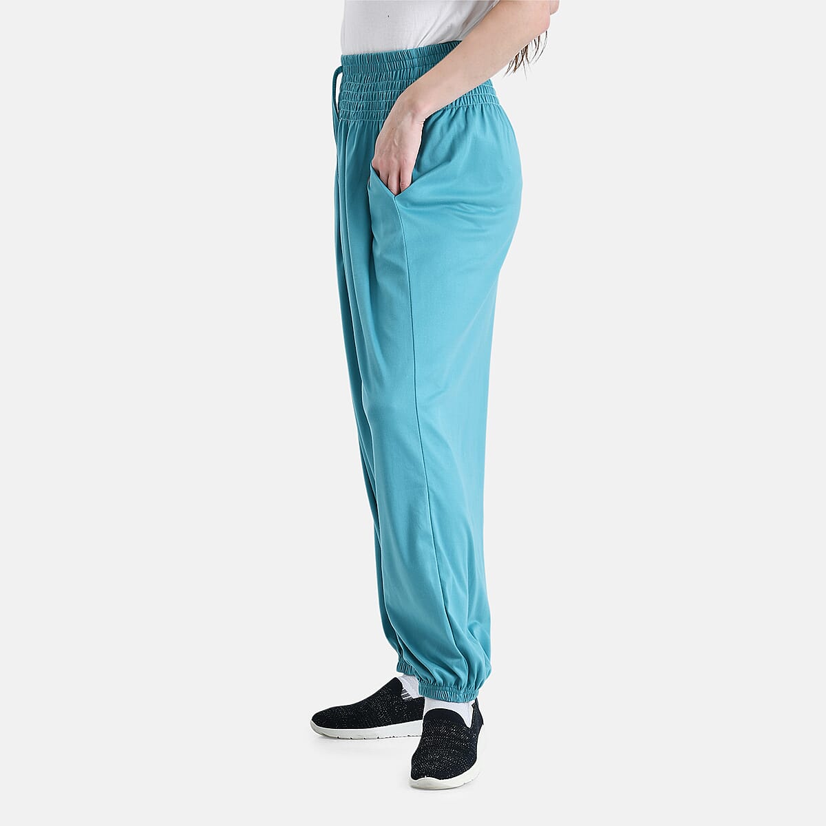 Tamsy Tuquoise Knit Smocked Waist Haram Pants with Elastic Ankles - One Size Fits Most image number 2