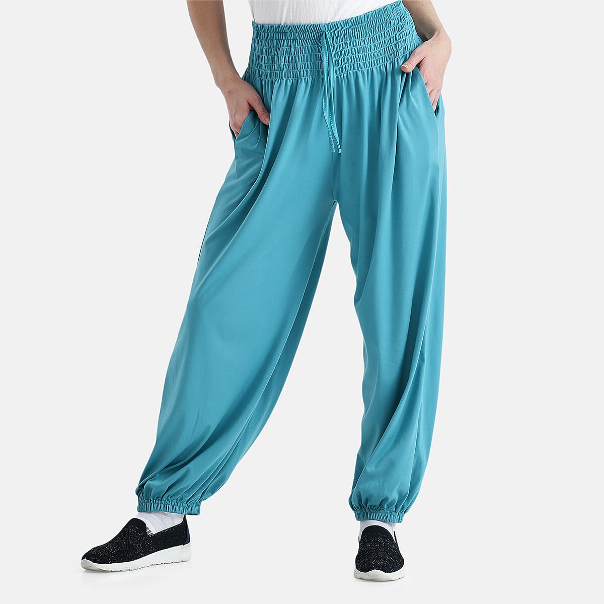 Tamsy Tuquoise Knit Smocked Waist Haram Pants with Elastic Ankles - One Size Fits Most image number 3