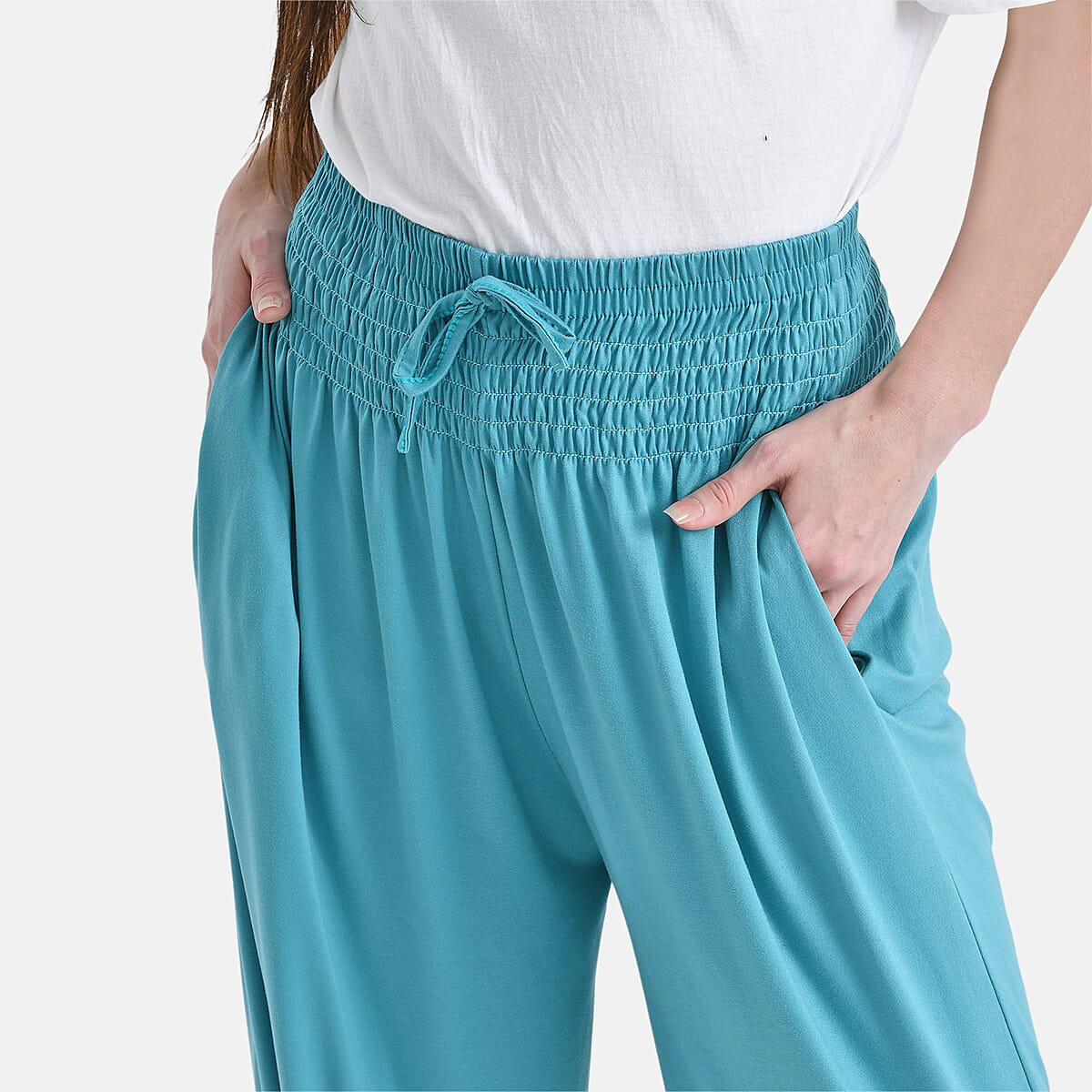 Tamsy Tuquoise Knit Smocked Waist Haram Pants with Elastic Ankles - One Size Fits Most image number 4