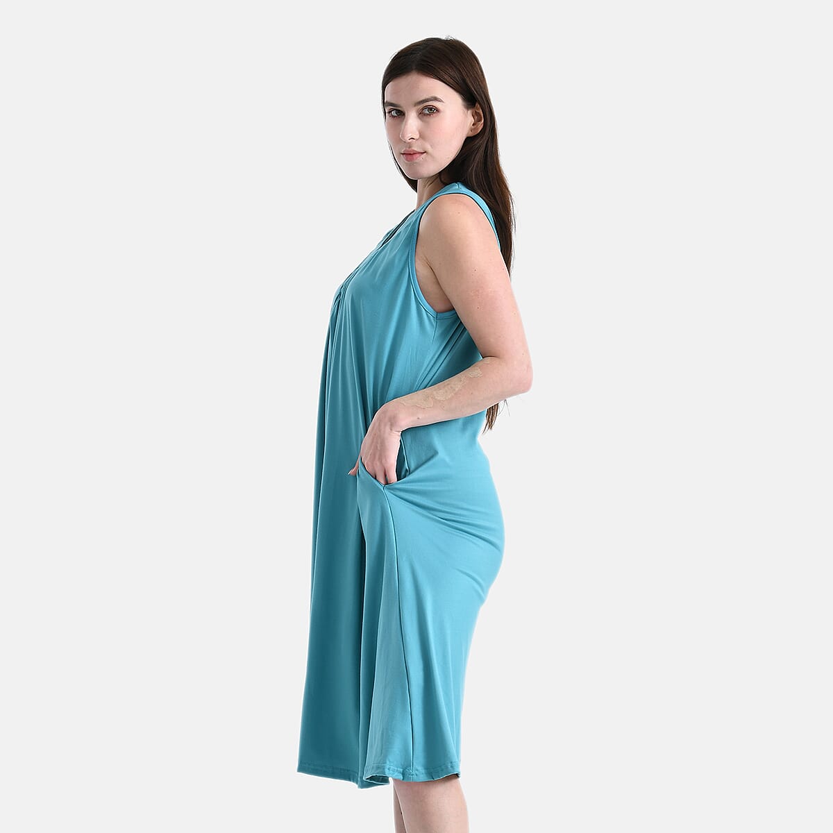 TAMSY Turquoise Knit Sleeveless Midi House Dress - One Size Fits Most image number 2