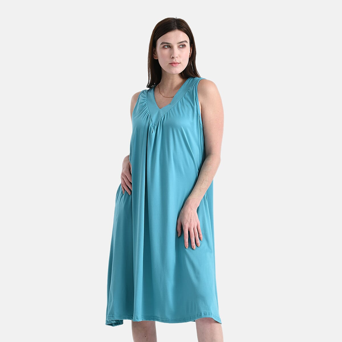 TAMSY Turquoise Knit Sleeveless Midi House Dress - One Size Fits Most image number 3