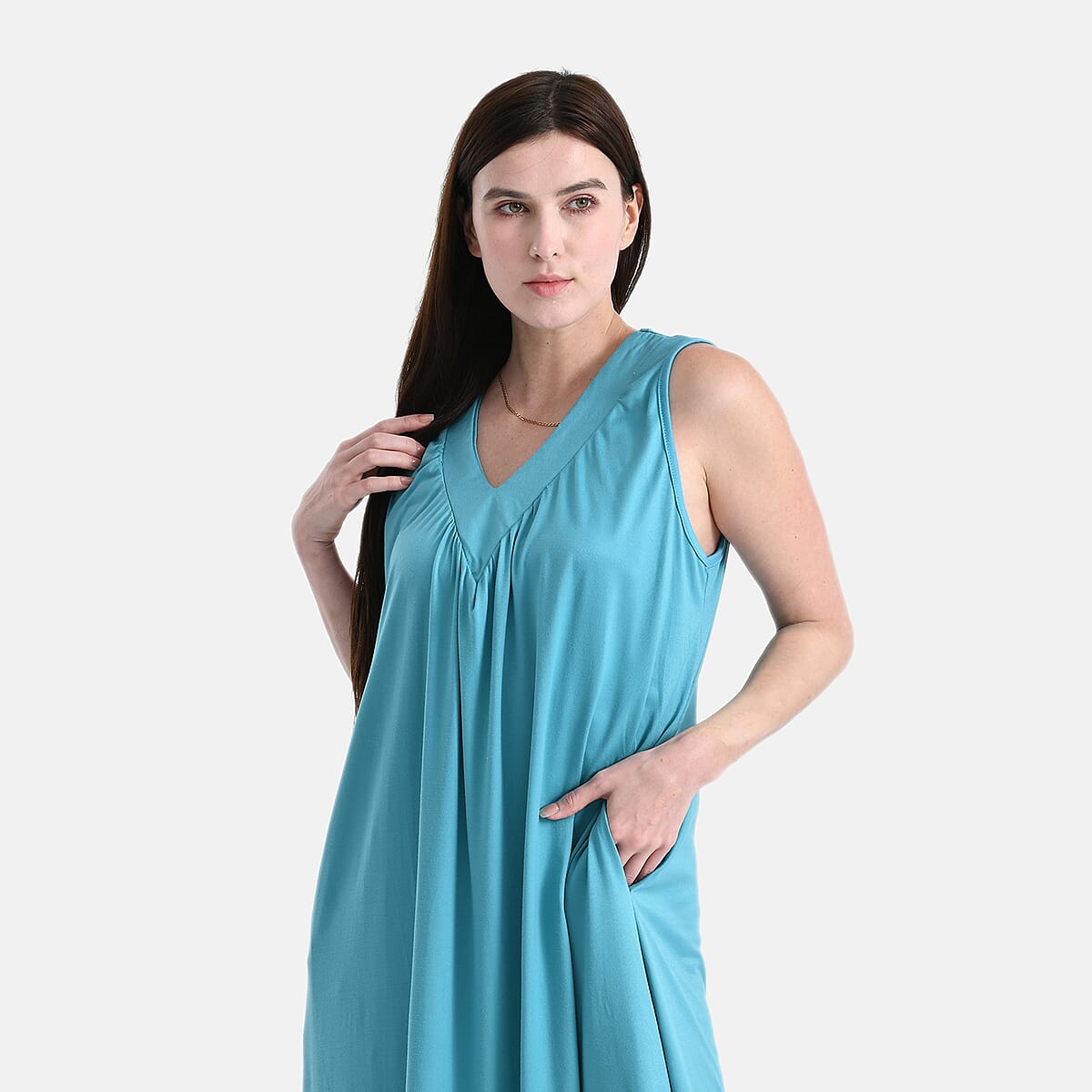 TAMSY Turquoise Knit Sleeveless Midi House Dress - One Size Fits Most image number 4